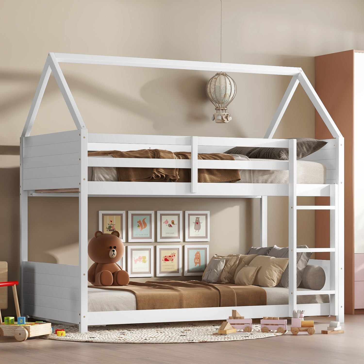 Kids Shared Room Twin Over Twin Rubber Wood House Floor Bunk Bed with Guardrails Ladder White | Just Better Bunk Beds - Side View
