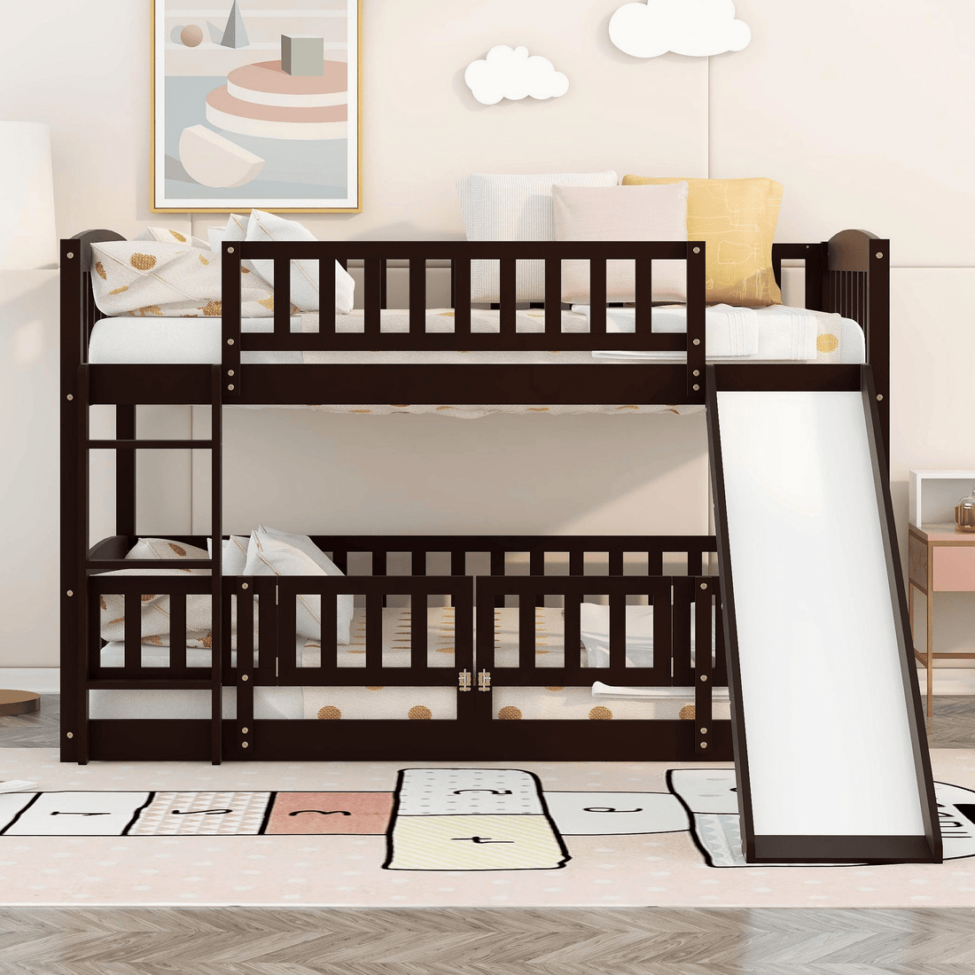 Bunk Bed with Slide; Twin Over Twin Low Bunk Bed with Fence and Ladder for Toddler Kids Teens | Just Better Bunk Beds