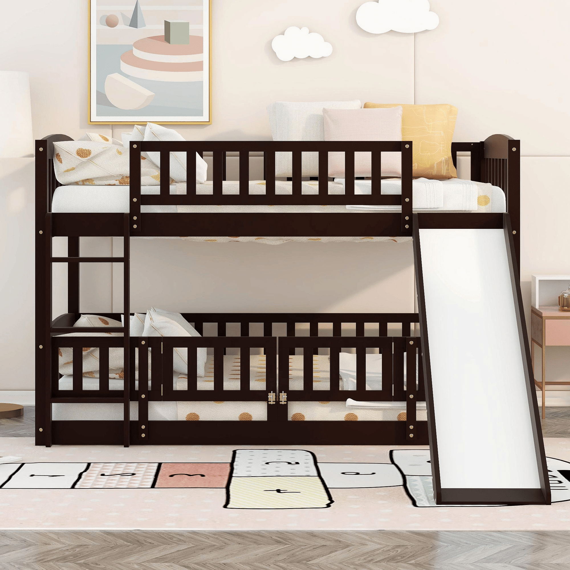 Bunk Bed with Slide; Twin Over Twin Low Bunk Bed with Fence and Ladder for Toddler Kids Teens | Just Better Bunk Beds
