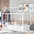 Kids Shared Room Twin Size Wood House Bed Frame with Safety Fence, Espresso Gray White | Just Better Bunk Beds