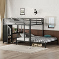 Shared Kids Room Queen Over Queen Metal Bunk Bed with Wardrobe, Desk, Storage Chairs in Black | Just Better Bunk Beds