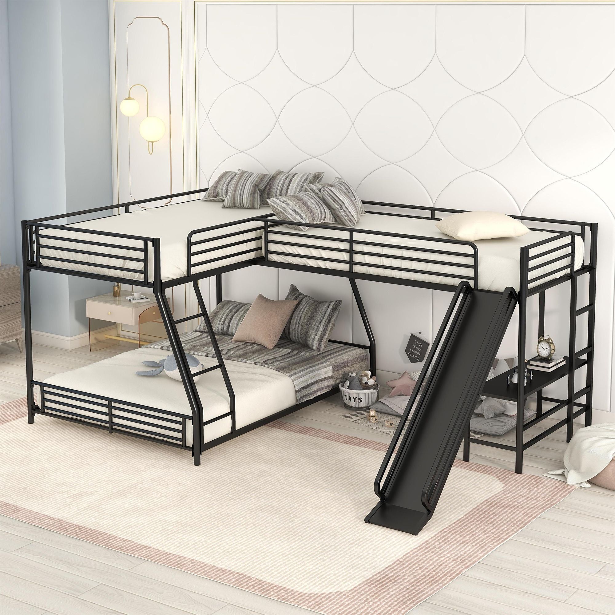 L-Shaped Twin over Full Bunk Bed with Twin Size Loft Bed; Built-in Desk and Slide | Just Better Bunk Beds
