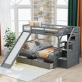 Space-Saving Twin Over Full Wood Bunk Bed with Storage Drawers, Slide, Stairs in Gray | Just Better Bunk Beds