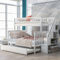 Space-Saving Twin Over Full Wood Bunk Bed with Trundle and Storage Staircase in White | Just Better Bunk Beds