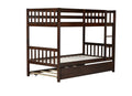 Space-Saving Twin Over Twin Rubberwood Bunk Bed with Trundle and Safety Guardrails, Espresso | Just Better Bunk Beds