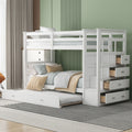 Twin Over Twin Bunk Bed with Trundle and Storage Stairs, White Wood | Just Better Bunk Beds