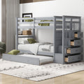 Twin Over Twin Bunk Bed with Trundle and Storage Stairs, Gray Wood | Just Better Bunk Beds