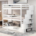 Triple Twin Wood Bunk Bed with Storage Staircase and Drawers, White | Just Better Bunk Beds
